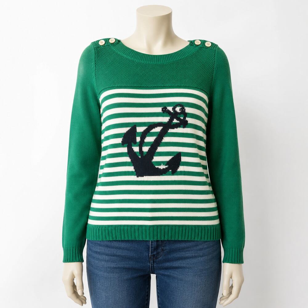 Talbots Nautical Anchor Stripe Sweater Green White Women’s L